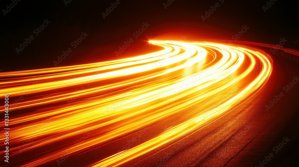 Abstract image of curving lines of light streaks in warm yellow and orange tones against a dark background, suggesting movement and speed.