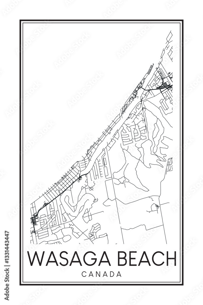 Obraz premium Hand drawn printable downtown road map poster of the Canadian town of WASAGA BEACH on solid white background with town name