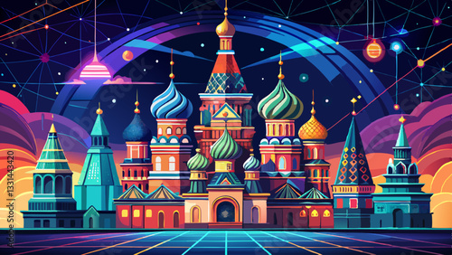 Saint Basil s Cathedral in Moscow at Night with a Digital Network Overlay Representing Technology