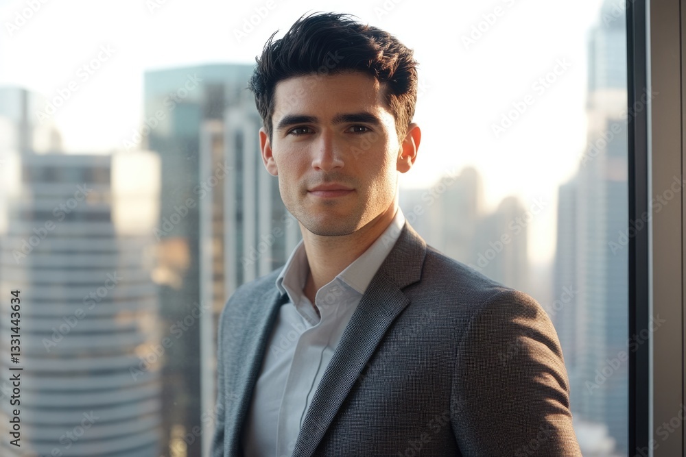 Fototapeta premium Confident young businessman in suit stands near window overlooking city skyline.