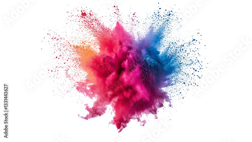 Photography A burst of colorful powder creates a beautiful, vivid display against a bright white background, A photo of colorful bright rainbow holi paint color powder explosion isolated on white background