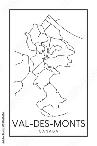 Hand drawn printable downtown road map poster of the Canadian town of VAL-DES-MONTS on solid white background with town name