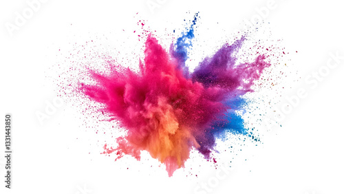 A burst of colorful powder creates a beautiful, vivid display against a bright white background, A photo of colorful bright rainbow holi paint color powder explosion isolated on white background.	
