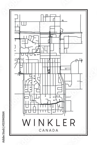 Hand drawn printable downtown road map poster of the Canadian town of WINKLER on solid white background with town name