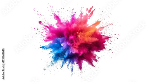 Multicolor powder explosion on White background. Colorful dust explode. Paint Holi. colorful vibrant rainbow Holi paint color powder explosion with bright colors isolated white background.	
