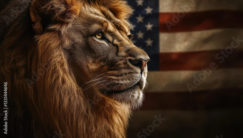 Majestic lion's profile set against a blurred American flag.