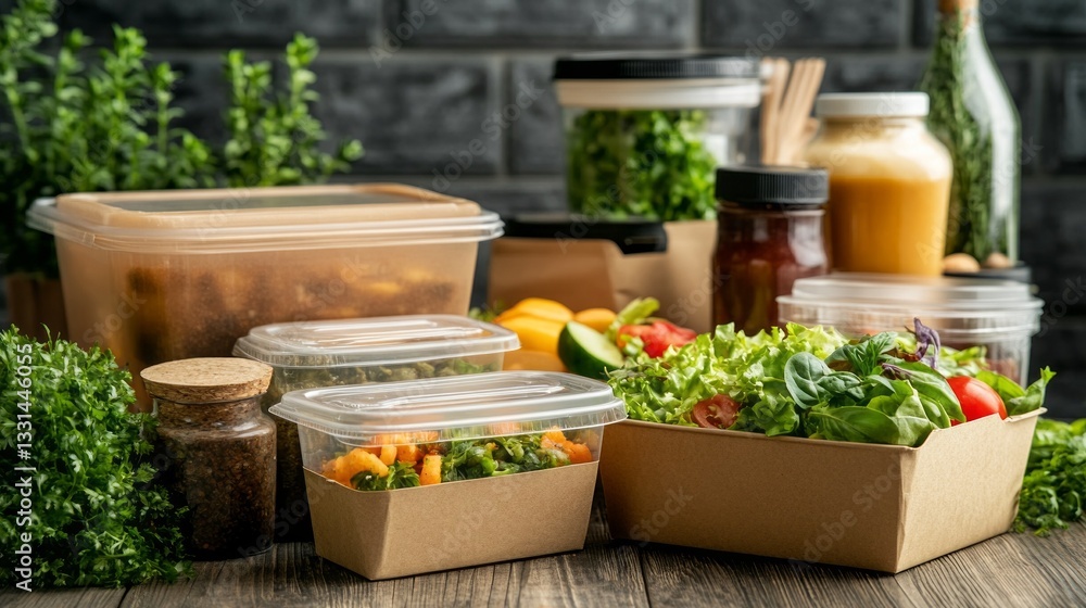 Colorful ingredients fill eco-friendly containers, highlighting the shift towards sustainable food delivery. A cozy kitchen atmosphere enhances the freshness and appeal of healthy meals Colorful ingredients fill eco-friendly containers, highlighting the shift towards sustainable food delivery. A cozy kitchen atmosphere enhances the freshness and appeal of healthy meals