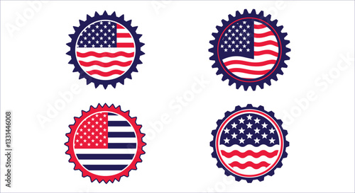 American flag round badge icon with red white blue colors. Red white blue color badge with USA flag. American flag circular symbol. American flag round badge icon. United states flag round sticker 