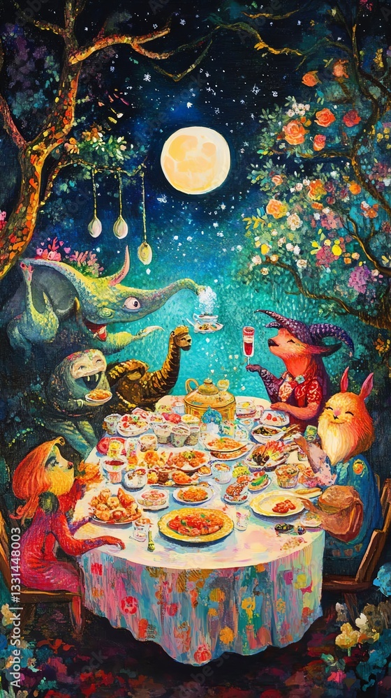 Naklejka premium Whimsical fantasy art of creatures enjoying a moonlit feast. Vibrant colors and fantastical elements create a magical scene.