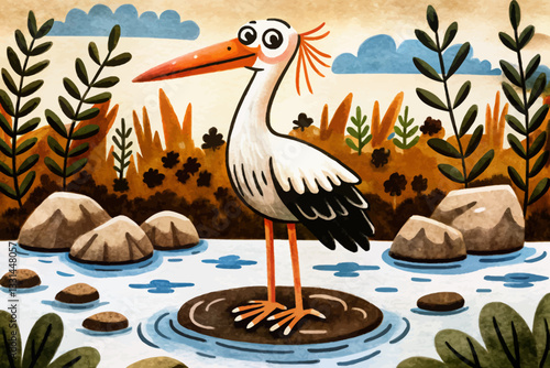 stork in beautiful lake with stones abstract cartoon