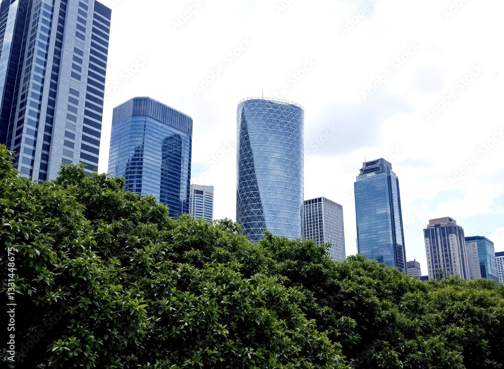 modern glass skyscrapers rising above lush green foliage modern glass skyscrapers rising above lush green foliage
