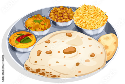 Rice, Chole, Mix Sabji and Dal Tadka Served with Chapati and Puri in Metal Thali. Traditional Indian Thali Food Detailed Illustration