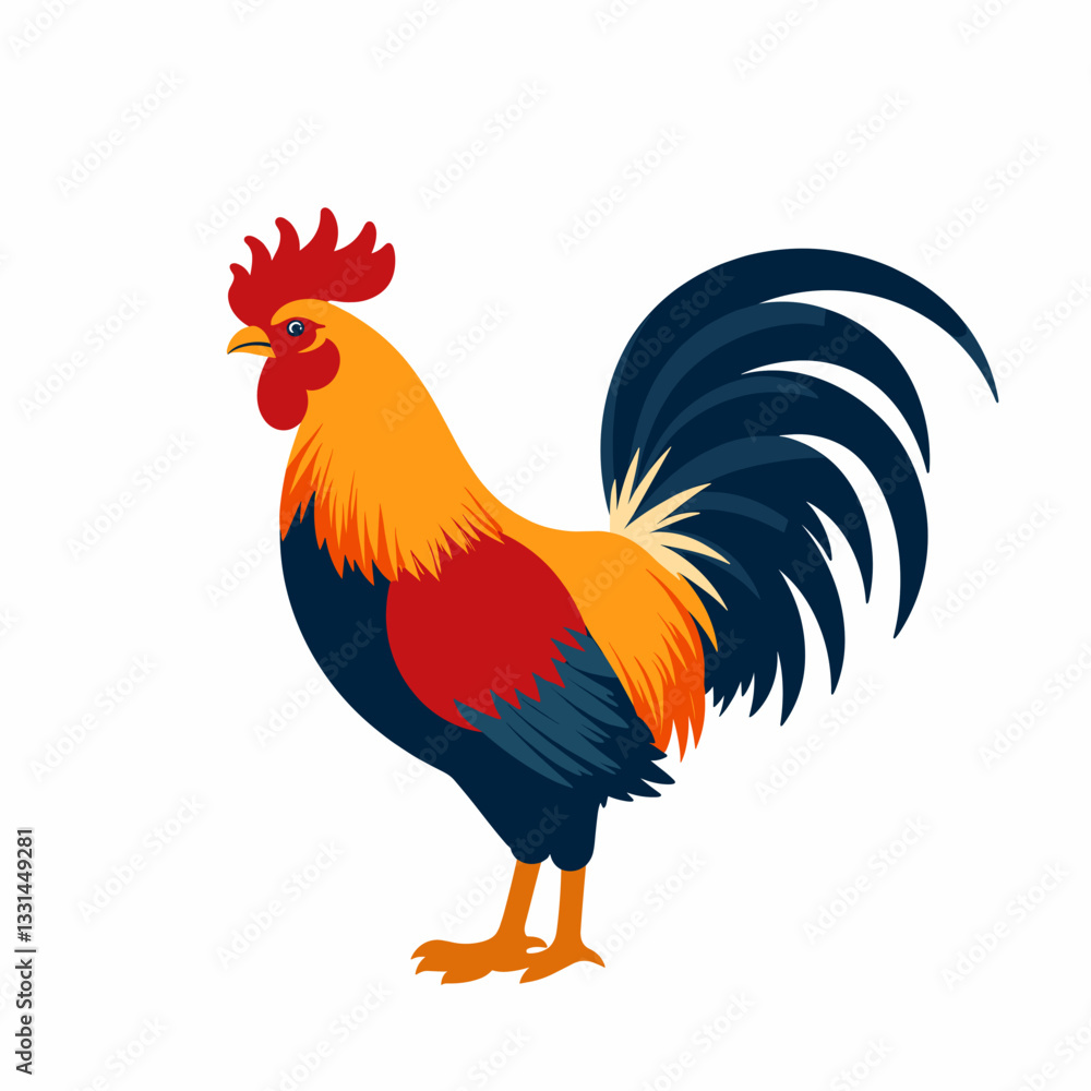 Fototapeta premium Colorful rooster illustration on white background, symbolism of fortune