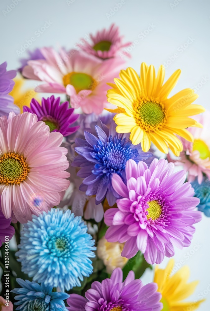 Vibrant bouquet of colorful daisies featuring shades of pink, yellow, blue, and purple arranged beautifully against a light background for cheerful decor Vibrant bouquet of colorful daisies featuring shades of pink, yellow, blue, and purple arranged beautifully against a light background for cheerful decor