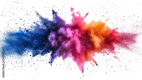 Multicolor powder explosion on White background. Colorful dust explode. Paint Holi. colorful vibrant rainbow Holi paint color powder explosion with bright colors isolated white background.	
