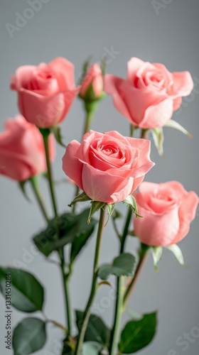 Close up view of five light pink roses with water droplets, stems and leaves against a gray background. Soft, natural lighting enhances the delicate petals.