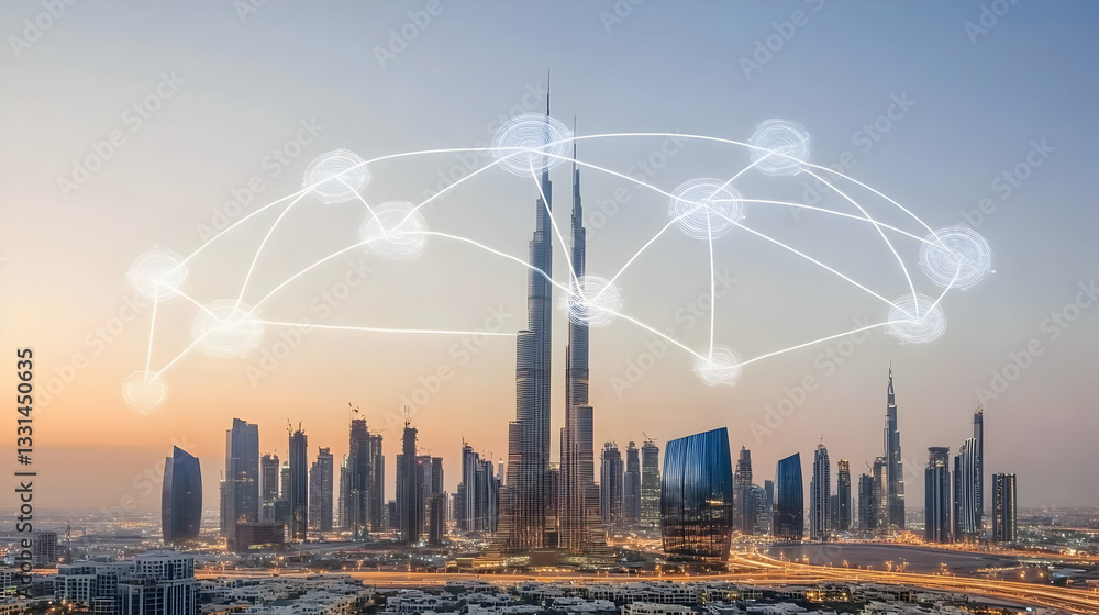 Obraz premium Dubai skyline with interconnected nodes