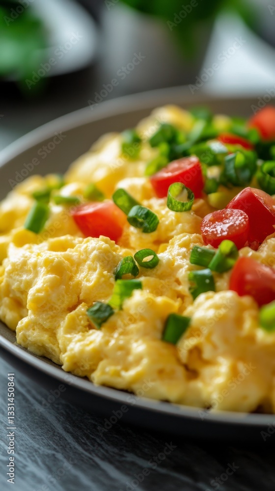 Close up of fluffy scrambled eggs garnished with diced tomatoes and chopped green onions, served on a dark gray plate. Close up of fluffy scrambled eggs garnished with diced tomatoes and chopped green onions, served on a dark gray plate.