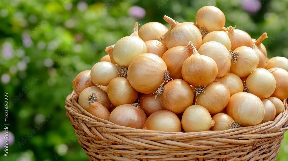 A wicker basket overflowing with freshly harvested, pale yellow onions sits against a blurred background of lush green foliage and purple flowers. The onions are smooth and uniform in size and color. A wicker basket overflowing with freshly harvested, pale yellow onions sits against a blurred background of lush green foliage and purple flowers. The onions are smooth and uniform in size and color.