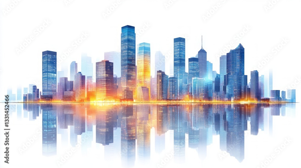 Fototapeta premium A breathtaking skyline showcases towering skyscrapers in various shades of blue and gold, reflecting on the water below. The warm glow of sunset illuminates the city, creating a dynamic atmosphere
