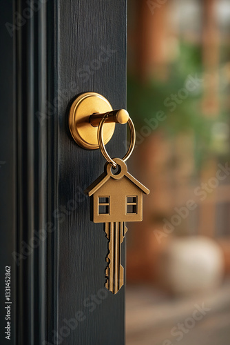 Golden house key with house-shaped keychain hanging from modern door lock