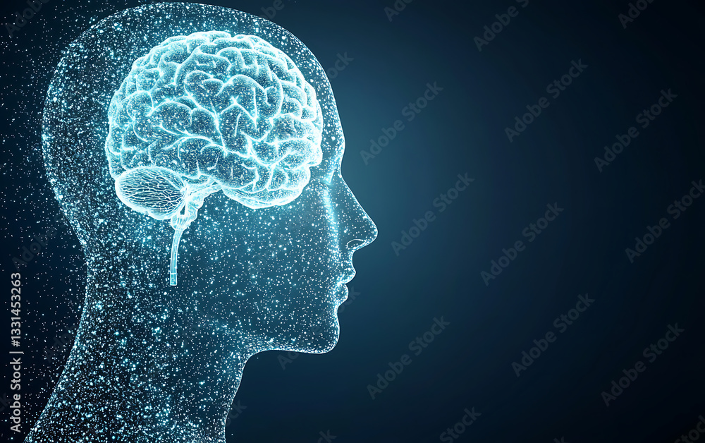 Obraz premium Digital human head silhouette with glowing brain illustration, showcasing advanced technology and neural connections