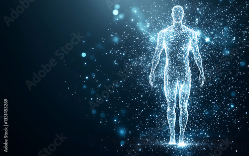 glowing human figure made of particles stands against dark background, symbolizing digital technology and innovation