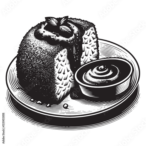 arancini with marinara sauce in minimalist clean woodcut drawing, 0167