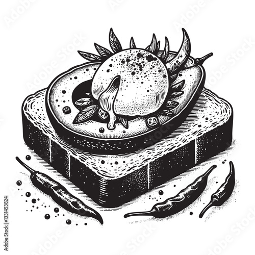 Artisan avocado toast with poached egg and chili, presented in a clean woodcut engraving