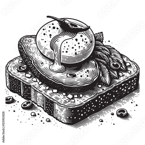 Artisanal avocado toast with a runny poached egg and chili flakes illustration