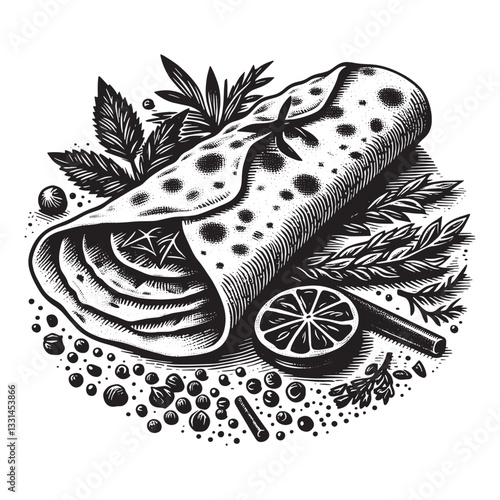 Artistic depiction of lavash roll with spices and herbs in woodcut style