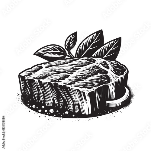 Artistic impression of beefsteak enhanced with basil in black and white etching