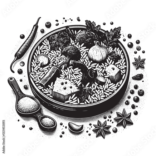 Artistic depiction of vegetable biryani with textured woodcut illustration