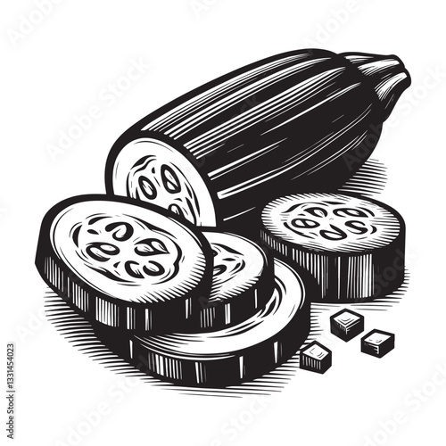 Artistic rendering of sliced zucchini showcasing a minimalist woodcut approach