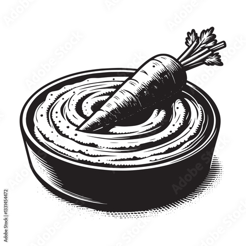 carrot dipped in hummus in minimalist clean woodcut drawing, 0860