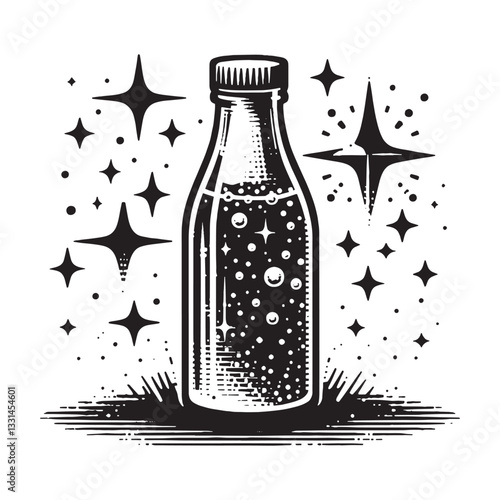 Bubbling Bottle with Sparkling Elements in Minimalist Woodcut Style Artwork