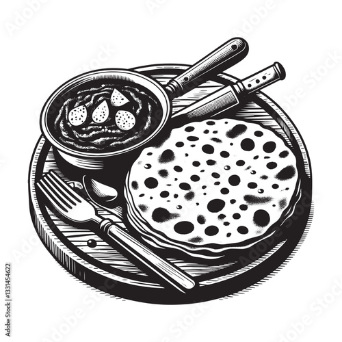 chapati with curry in minimalist clean woodcut drawing, 0932