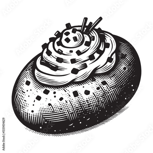 Chives Topped Baked Potato With Sour Cream in Minimalist Woodcut Drawing Style
