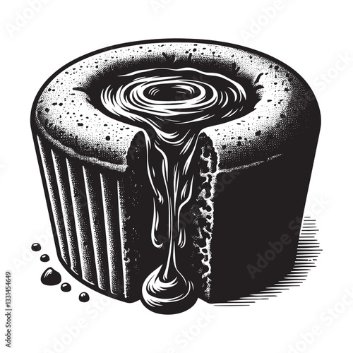 chocolate lava cake with a molten center in minimalist clean woodcut drawing, 1225