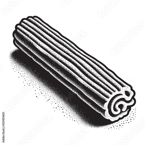 churro with a crispy exterior and cinnamon sugar in minimalist clean woodcut drawing, 1260