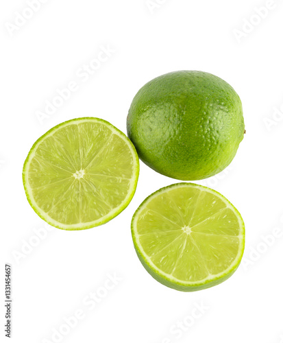 Top view of a green lime and 2 juicy slices of fresh lime, isolated on transparent background. Fruit and healthy eating concept. PNG format