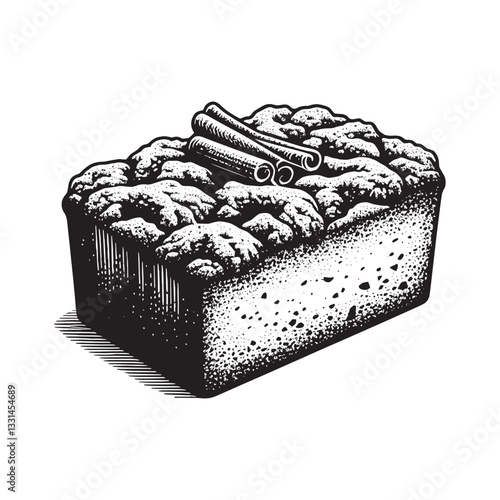 Coffee Cake with Cinnamon Streusel Topping, Minimalist Woodcut Style Dessert Artwork