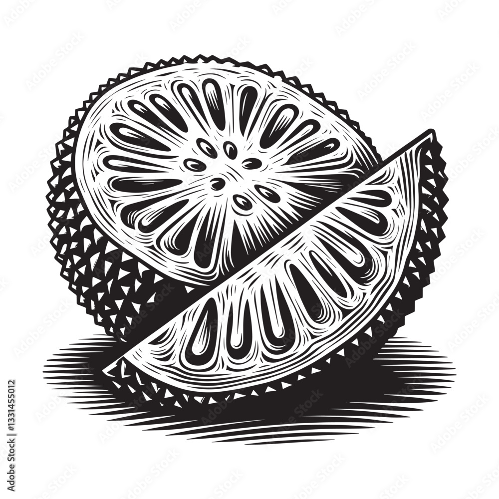 Obraz premium Detailed jackfruit depiction in minimalist woodcut etching, fresh botanical artwork