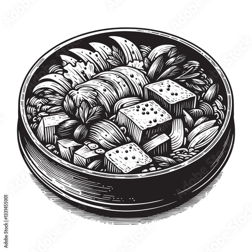 Delicious kimchi jjigae with tofu, pork, and vegetables woodcut illustration