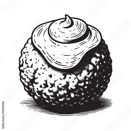 Detailed line drawing of a meatball topped with a swirl of creamy sauce