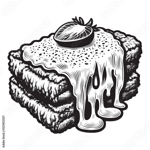 Delightful engraved illustration of chicken parmigiana featuring melted cheese