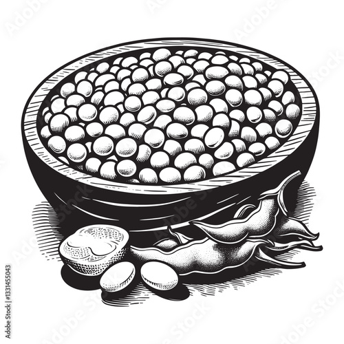 Detailed monochrome woodcut illustration of soybeans in bowl, vibrant style