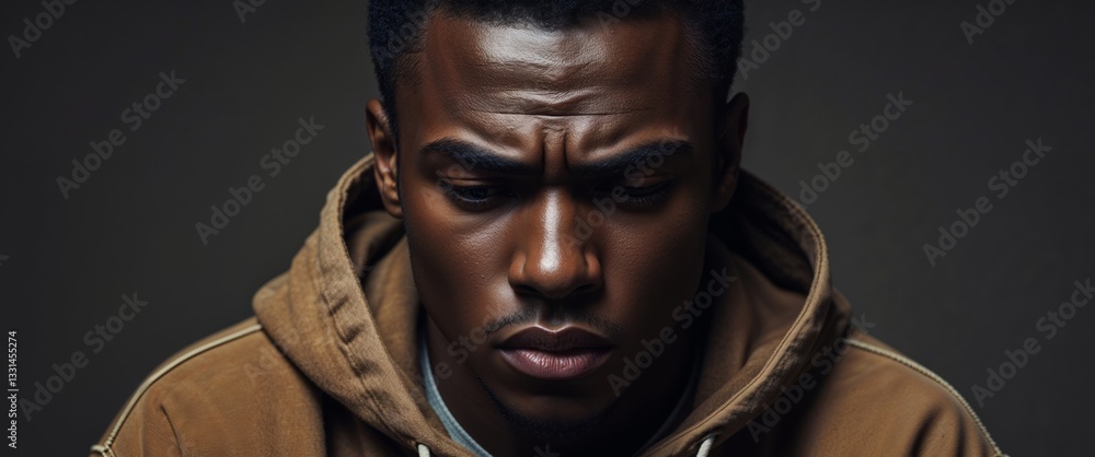 A contemplative gaze of a young african man in hooded top on dark background A contemplative gaze of a young african man in hooded top on dark background