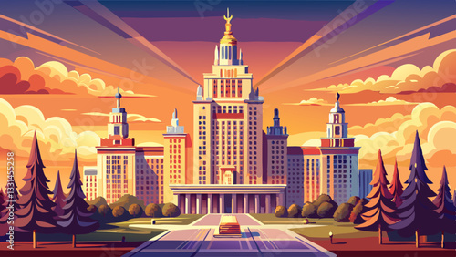 Moscow State University Main Building A Symbol of Stalinist Architecture at Sunset, Russia