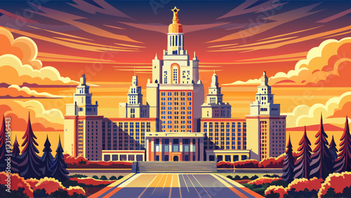 Moscow State University Main Building A Symbol of Stalinist Architecture at Sunset, Russia